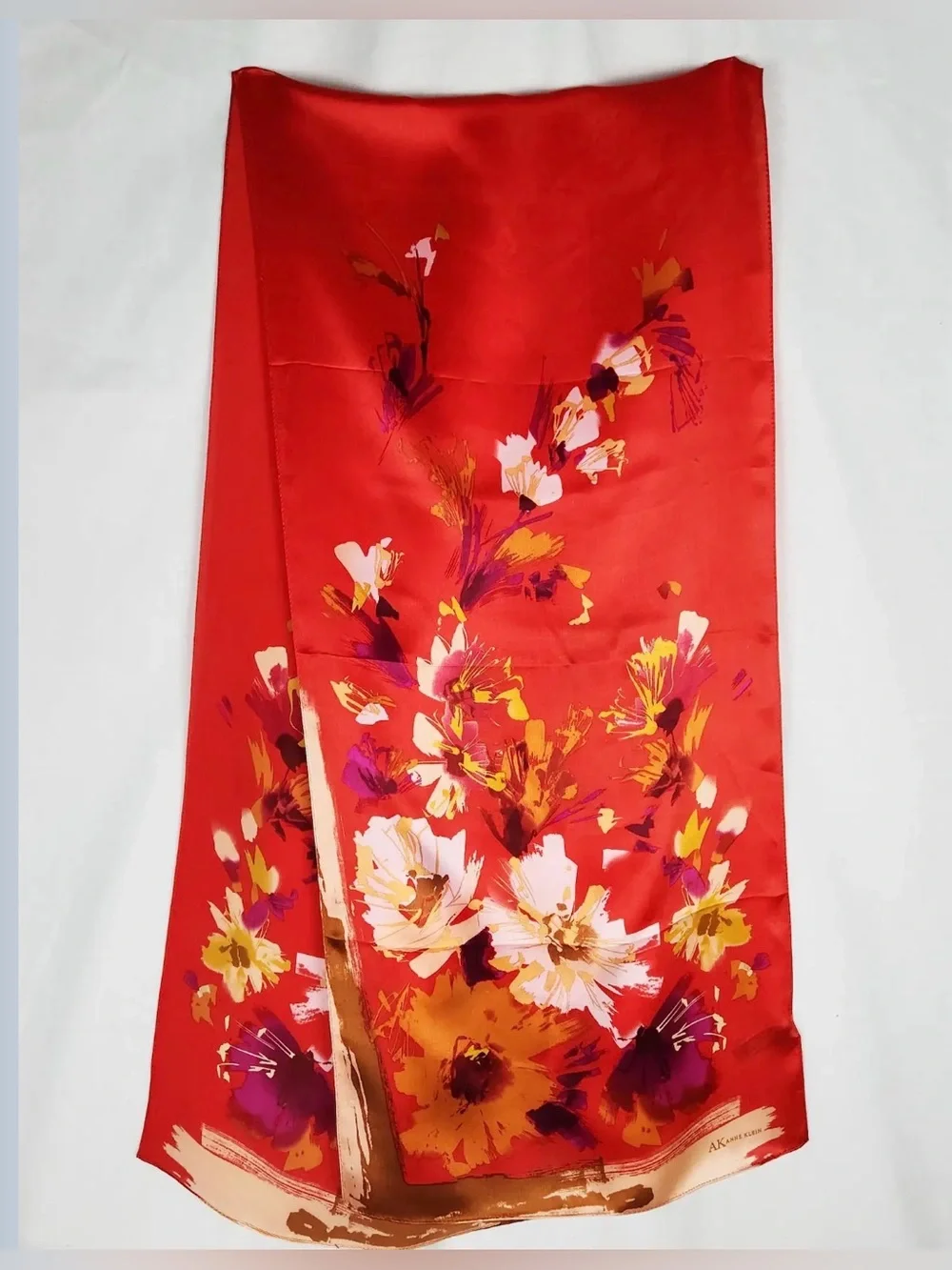 Vintage Anne Klein 100% Silk Scarf Brilliant Red Floral Print Long Rectangular